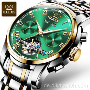 OLEVS 6607 Herren Edelstahl Automatische Mechanische Uhren Klassisches Armband Wasserdicht Mit Datum Woche Grün Luxusuhr